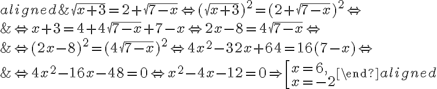 \begin{aligned}
        & \sqrt{x+3}=2+\sqrt{7-x} \Leftrightarrow(\sqrt{x+3})^{2}=(2+\sqrt{7-x})^{2} \Leftrightarrow \\
        & \Leftrightarrow x+3=4+4 \sqrt{7-x}+7-x \Leftrightarrow 2 x-8=4 \sqrt{7-x} \Leftrightarrow \\
        & \Leftrightarrow(2 x-8)^{2}=(4 \sqrt{7-x})^{2} \Leftrightarrow 4 x^{2}-32 x+64=16(7-x) \Leftrightarrow \\
        & \Leftrightarrow 4 x^{2}-16 x-48=0 \Leftrightarrow x^{2}-4 x-12=0 \Rightarrow\left[\begin{array}{l}
        x=6, \\
        x=-2
        \end{array}\right.
        \end{aligned}