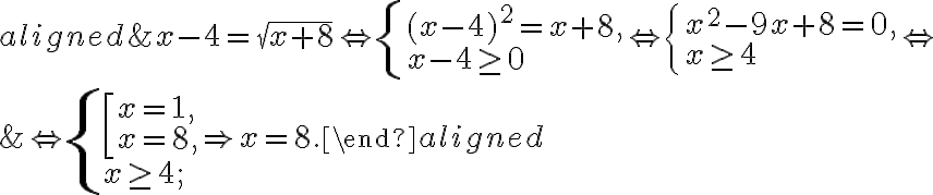 \begin{aligned}
        & x-4=\sqrt{x+8} \Leftrightarrow\left\{\begin{array} { l }
        { ( x - 4 ) ^ { 2 } = x + 8 , } \\
        { x - 4 \geq 0 }
        \end{array} \Leftrightarrow \left\{\begin{array}{l}
        x^{2}-9 x+8=0, \\
        x \geq 4
        \end{array} \Leftrightarrow\right.\right. \\
        & \Leftrightarrow\left\{\begin{array}{l}
        {\left[\begin{array}{l}
        x=1, \\
        x=8,
        \end{array}\right.} \\
        x \geq 4 ;
        \end{array} \Rightarrow x=8 .\right.
        \end{aligned} 